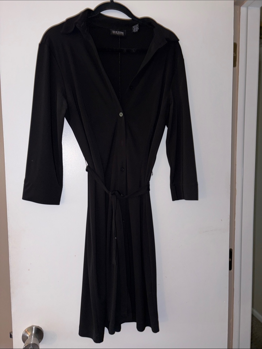 New York & Company Black Long-Sleeve Button-Front Shirt Dress